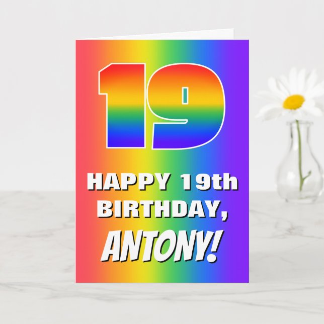 19th Birthday: Colorful, Fun Rainbow Pattern # 19 Card (Small Plant)