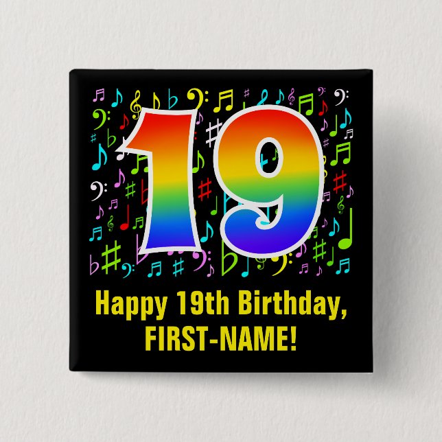 19th Birthday: Colorful Music Symbols, Rainbow 19 2 Inch Square Button (Front)