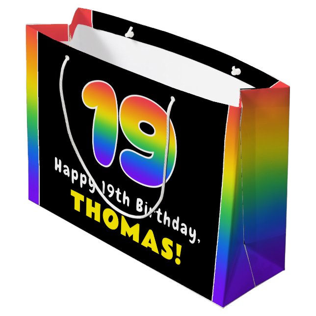 19th Birthday: Colorful Rainbow # 19, Custom Name Large Gift Bag (Back Angled)