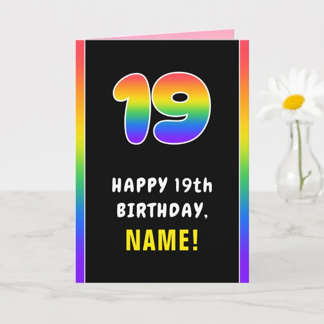 19th Birthday: Colourful Rainbow # 19, Custom Name Card (Small Plant)