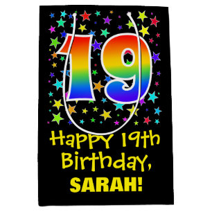 19th Birthday: Colourful Stars Pattern & Rainbow 1 Medium Gift Bag
