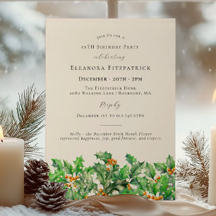 19th Birthday December Birth Month Flower Holly Invitation