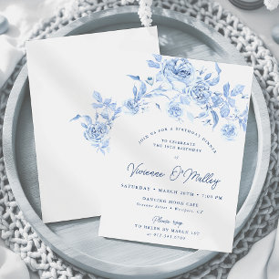 19th Birthday Dinner Party Dusty Blue Rose Floral Invitation