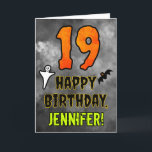 19th Birthday: Eerie Halloween Theme   Custom Name Card<br><div class="desc">The front of this scary and spooky Hallowe’en themed birthday greeting card design features a large number “19” and the message “HAPPY BIRTHDAY, ”, plus a custom name. There are also depictions of a bat and a ghost on the front. The inside features a personalized birthday greeting message, or could...</div>