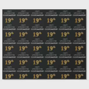 19th Birthday: Elegant, Black, Faux Gold Look Wrapping Paper