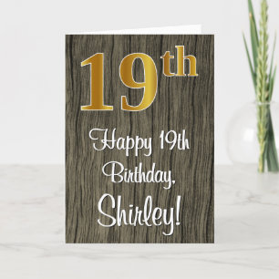 19th Birthday: Elegant Faux Gold Look #, Faux Wood Card