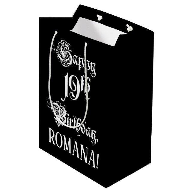 19th Birthday: Fancy, Elegant Script + Custom Name Medium Gift Bag (Back Angled)