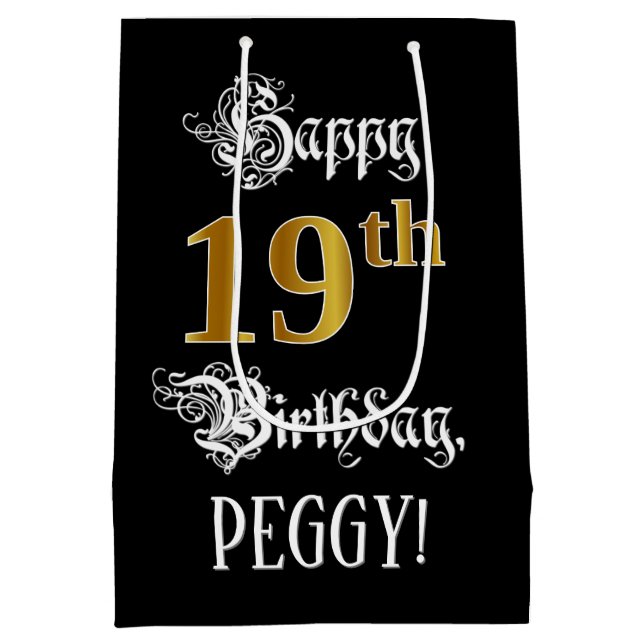 19th Birthday ~ Fancy Script; Faux Gold Look; Name Medium Gift Bag (Back)