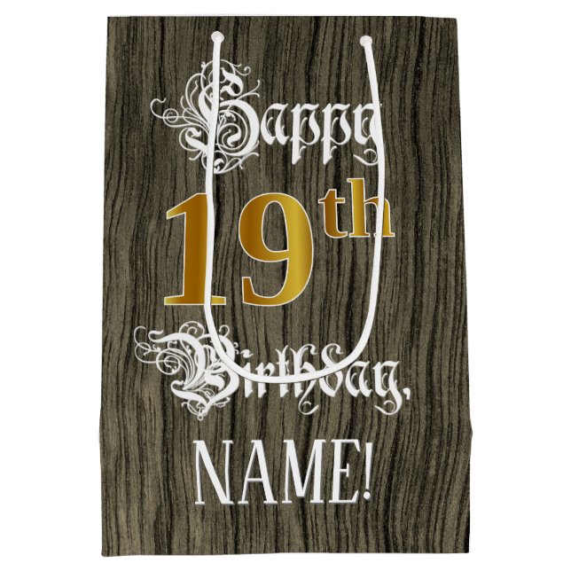 19th Birthday: Faux Gold Look & Faux Wood Pattern Medium Gift Bag (Back)