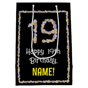19th Birthday: Floral Flowers Number, Custom Name Medium Gift Bag