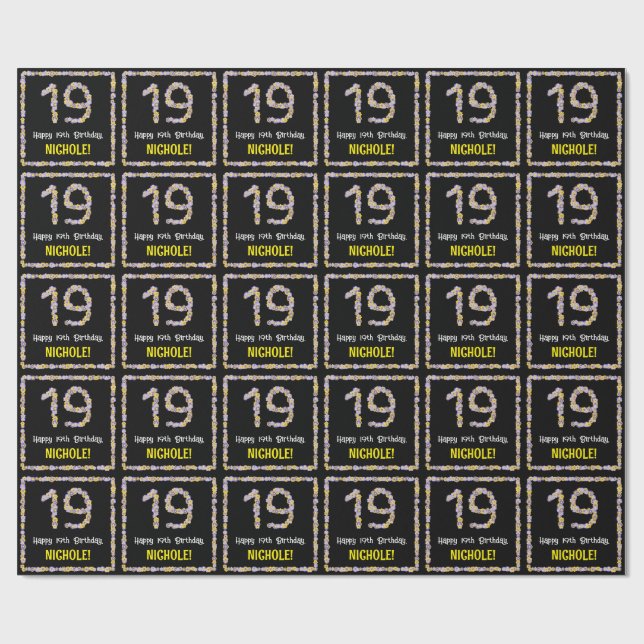 19th Birthday: Floral Flowers Number, Custom Name Wrapping Paper (Flat)