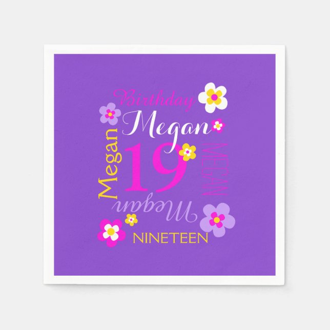 19th birthday flower named graphic purple pink napkin (Front)