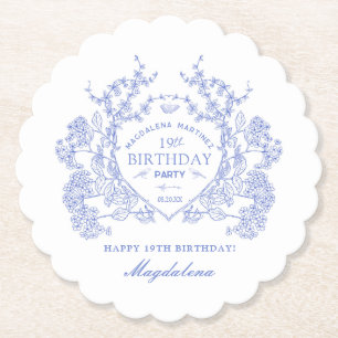 19th Birthday French Blue Floral Crest Custom Paper Coaster
