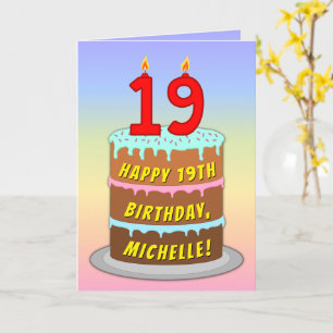 19th Birthday — Fun Cake & Candles, w/ Custom Name Card