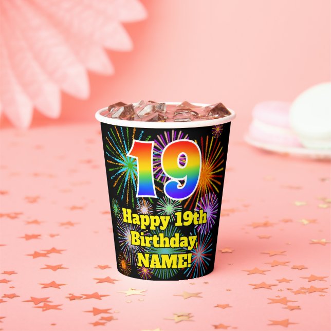 19th Birthday: Fun Fireworks Pattern + Rainbow 19 Paper Cups (Insitu)