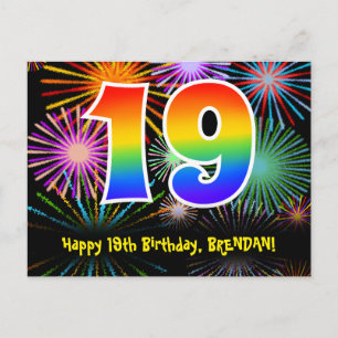 19th Birthday – Fun Fireworks Pattern + Rainbow 19 Postcard