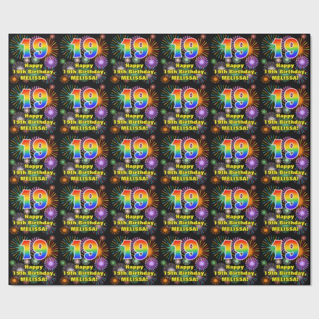 19th Birthday: Fun Fireworks, Rainbow Look # “19” Wrapping Paper (Seam)