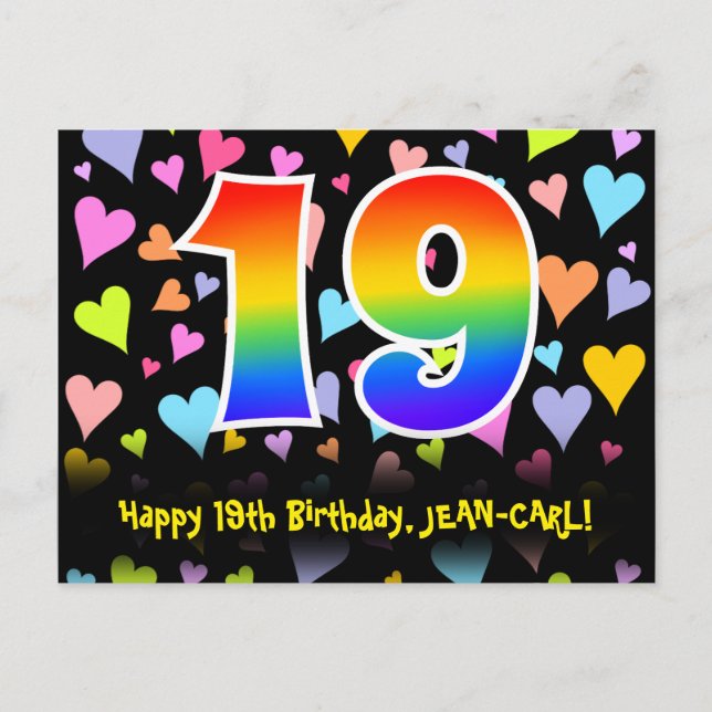 19th Birthday: Fun Hearts Pattern, Rainbow 19 Postcard (Front)