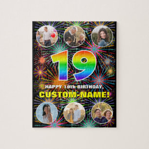 19th Birthday: Fun Rainbow #, Custom Name + Photos Jigsaw Puzzle
