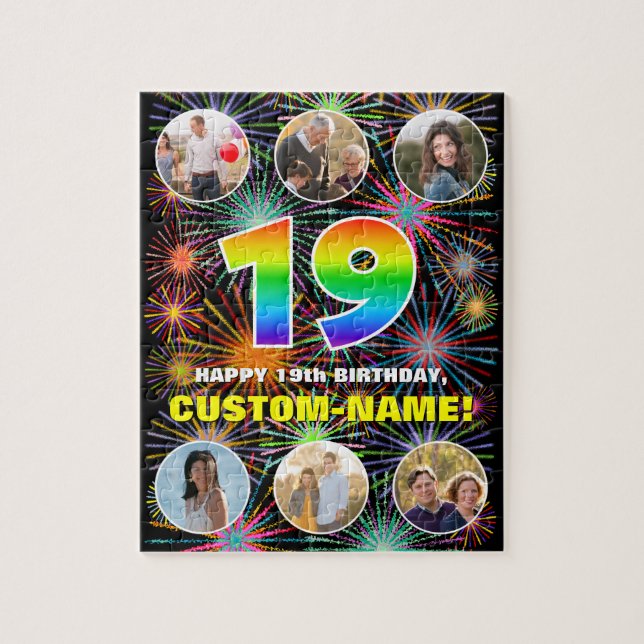 19th Birthday: Fun Rainbow #, Custom Name + Photos Jigsaw Puzzle (Vertical)