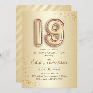 19th Birthday - Gold Balloons Invitation