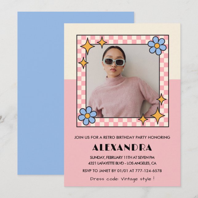 19th birthday invitation Retro Groovy Pink Flowers (Front/Back)