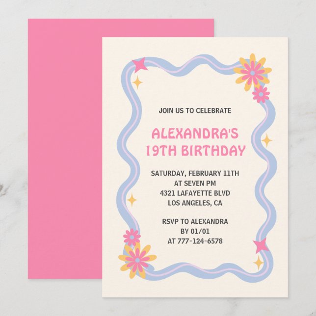 19th birthday invitation Retro Groovy Pink Flowers (Front/Back)