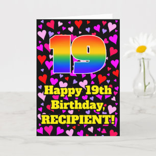 19th Birthday: Loving Hearts Pattern, Rainbow # 19 Card