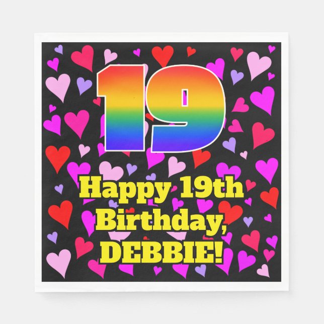 19th Birthday: Loving Hearts Pattern, Rainbow # 19 Napkin (Front)
