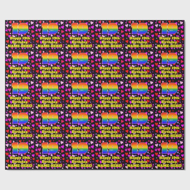 19th Birthday: Loving Hearts Pattern, Rainbow # 19 Wrapping Paper (Flat)