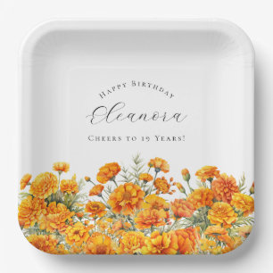 19th Birthday Marigold October Birth Month Flower Paper Plate