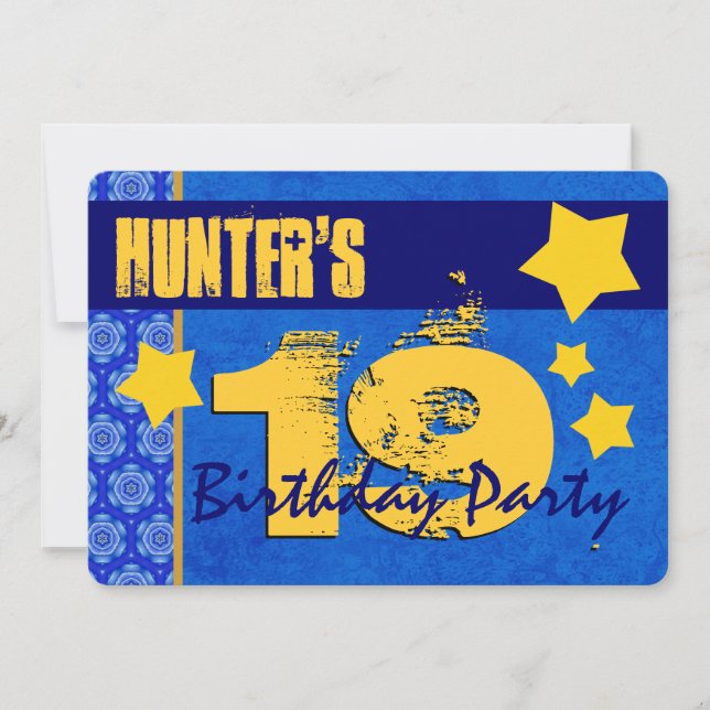 19th Birthday Modern For Him Blue and Gold W13B Invitation (Front)