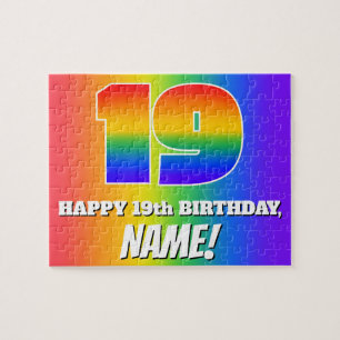 19th Birthday — Multicolored Rainbow Pattern “19” Jigsaw Puzzle