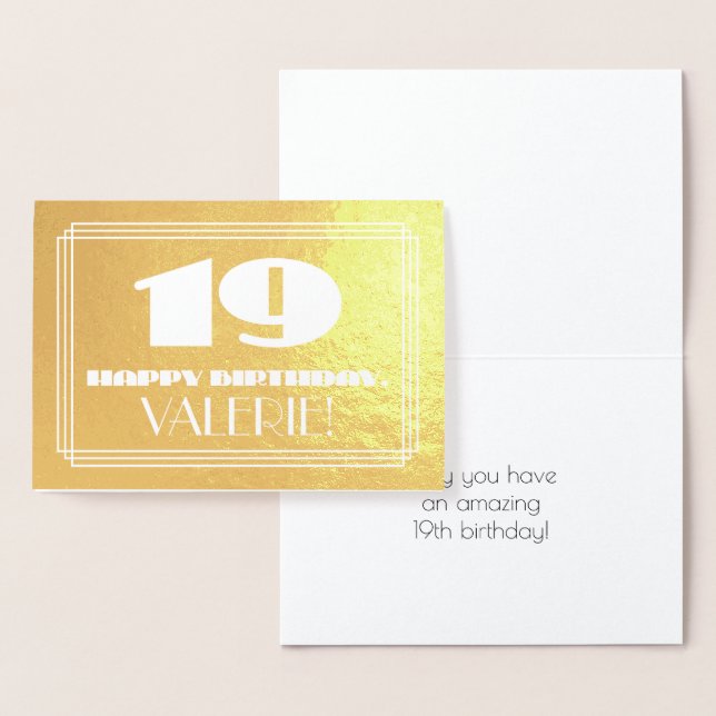 19th Birthday: Name + Art Deco Inspired Look "19" Foil Card (Display)