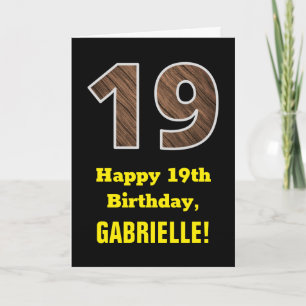19th Birthday: Name, Faux Wood Grain Pattern "19" Card