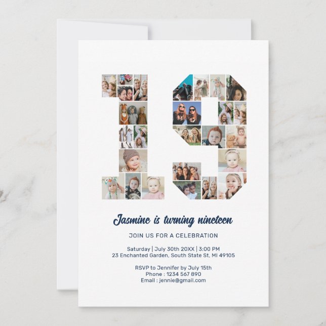 19th Birthday Number 19 Custom Photo Collage Invitation (Front)