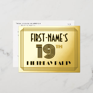 19th Birthday Party ~ Art Deco Style “19” + Name Foil Invitation Postcard
