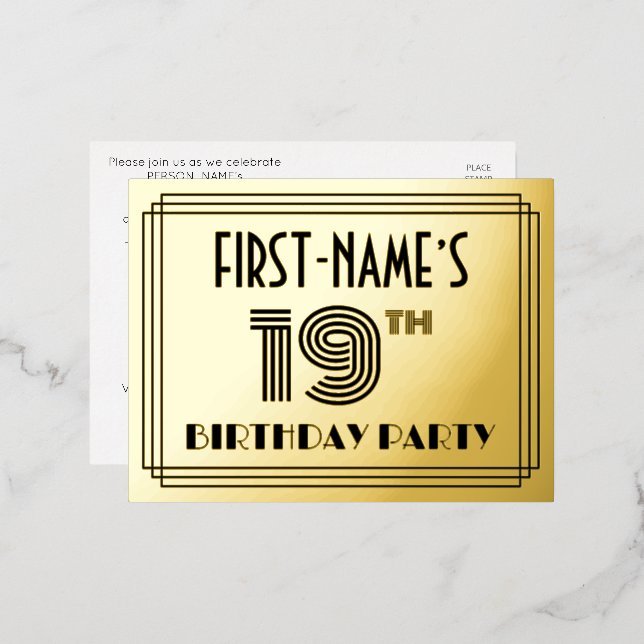 19th Birthday Party ~ Art Deco Style “19” + Name Foil Invitation Postcard (Front/Back)