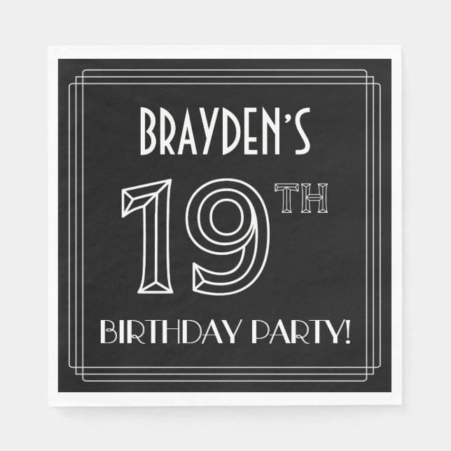19th Birthday Party: Art Deco Style + Custom Name Napkin (Front)