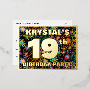 19th Birthday Party: Bold, Colourful Fireworks Loo Foil Invitation Postcard