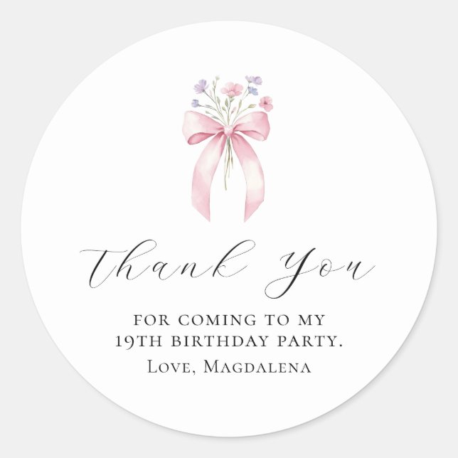 19th Birthday Party Bow Custom Thank You Favour Classic Round Sticker (Front)