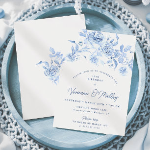 19th Birthday Party Dusty Blue Floral Invitation