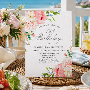 19th Birthday Party Feminine Pink Roses Floral Inv Invitation