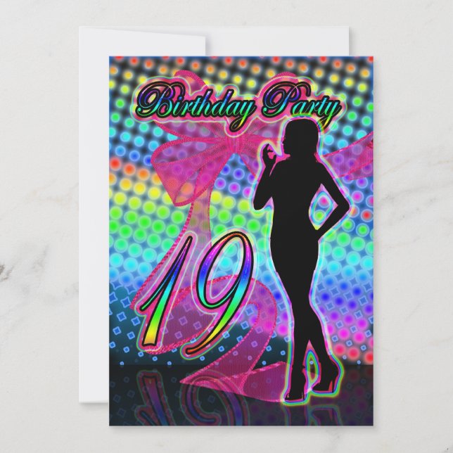 19th Birthday Party Invitation, Neon With Female S Invitation (Front)