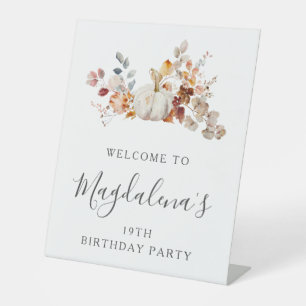 19th Birthday Party Pumpkin Fall Flower Welcome Pedestal Sign