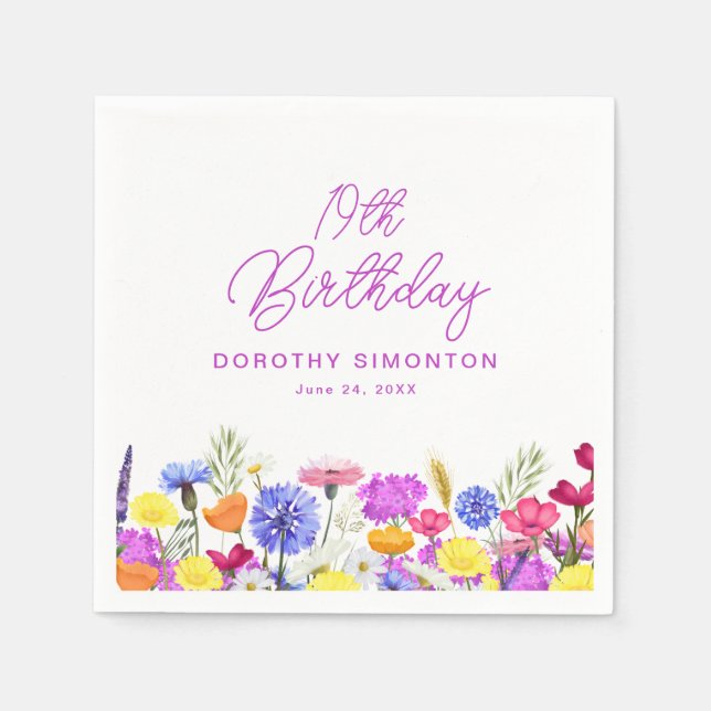 19th Birthday Party Purple Wildflower Custom Napkin (Front)