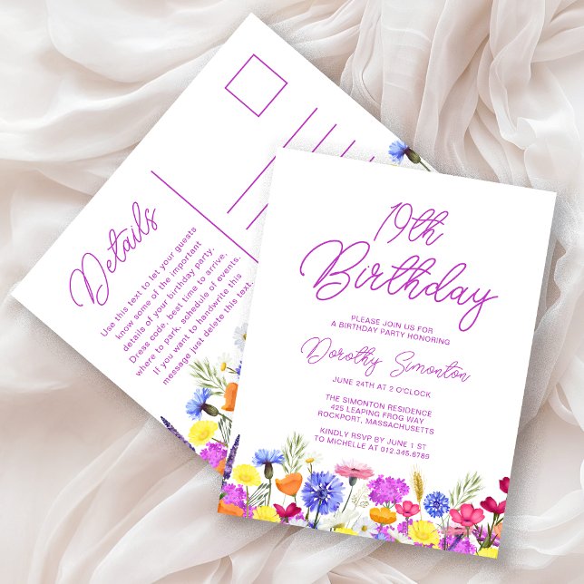 19th Birthday Party Purple Wildflowers Affordable Invitation Postcard (Creator Uploaded)