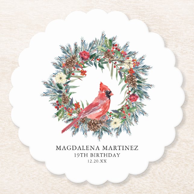 19th Birthday Party Red Cardinal Wreath Custom Paper Coaster (Front)