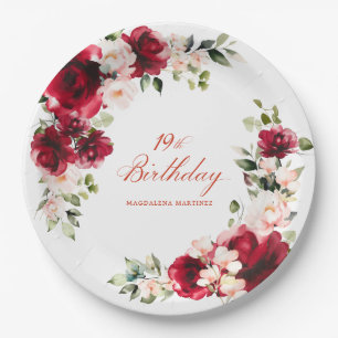 19th Birthday Party Red Pink Floral Custom Paper Plate