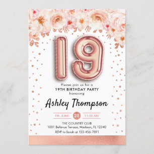 19th Birthday Party - Rose Gold Balloons Invitation